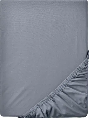 A close-up, top-down view of a grey fitted sheet, showing the elasticized edge.