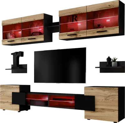 Produktbild von Komodee | Wohnwand, Wohnzimmerset RTV Foggia, Korpus Schwarz Matt Frontfarbe Wotan Matt, LED RGB