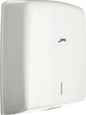 A white Jofel paper dispenser mounted on a wall.