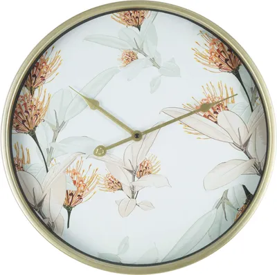 Image de Rebecca Mobili Horloge murale imprimée de fleurs en verre et métal, blanc et or, 40 cm