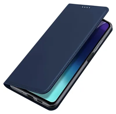 A dark blue flip case for a smartphone is shown at an angle against a white background.