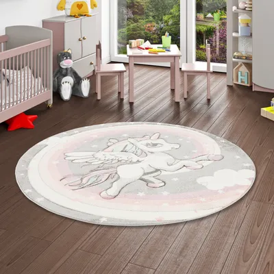 Produktbild von Kinder Teppich Maui Kids Pastell Grau Rosa Einhorn Rund, Größe:120 cm Rund