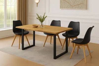 Produktbild von Essgruppe 5tlg. 140 x 80 cm Holz Wildeiche-Optik 4x Schalenstühle Schwarz U-Gestell Schwarz JOSY