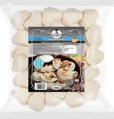 Produktbild von BARIN Wareniki mit Kartoffeln und Steinpilzen 500g Tiefgekühlte Teigtaschen Fertiggericht mit Kartoffel und Pilz Füllung Schnelle Zubereitung