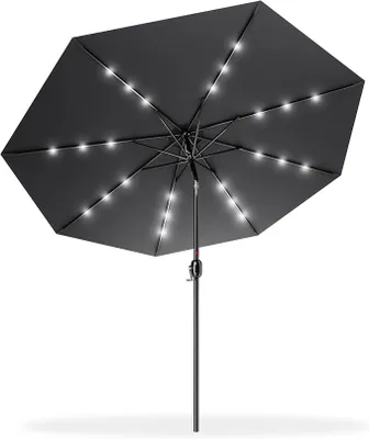 Zdjęcie produktu dla Parasol ogrodowy QEENTOE, okrągły, średnica 300 cm, z mechanizmem rozkładania, ochrona UV 40+, stabilny, obrotowy z oświetleniem LED, idealny do ogrodu, balkonu lub tarasu, kolor: ciemnoszary