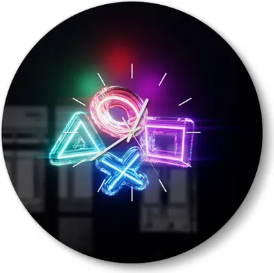 Produktbild von DEQORI Glasuhr Ø50 cm Modern 'Neon Gaming Symbole' Wanduhr Glas Uhr Design leise Küchenuhr