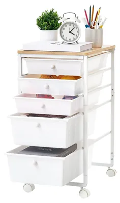 Zdjęcie produktu dla Wózek VEVOR z 5 szufladami, mobilny kontener na kółkach, 400x330x635mm, biały, metalowa konstrukcja, blat z drewna, uchwyty, kółka z możliwością blokady (2 sztuki), wózek do przechowywania do biura, pokoju zabaw, sypialni