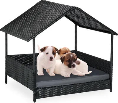 Zdjęcie produktu dla Legowisko dla psa Relaxdays z daszkiem, wys. x szer. x gł.: 81 x 90 x 68 cm, polirattan, podwyższone legowisko z poduszką, do użytku na zewnątrz, kolor antracytowy