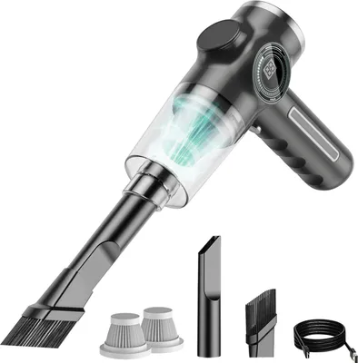 Produktbild von Tragbarer Staubsauger fuer Zuhause, Auto, mit Flach- und Buerstenduese, Akkuanzeige, Dightal-Bildschirm, wiederaufladbarer kabelloser Mini-Staubsauger mit wiederverwendbarem Filter, transparenter Staubbehaelter fuer Sofa, Tastaturen, Autoinnenraum