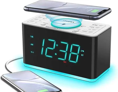 Immagine prodotto di Sveglia con caricatore wireless, Bluetooth, doppio allarme e radio FM