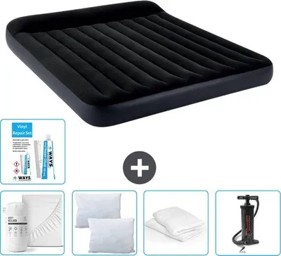 Zdjęcie produktu dla Łóżko powietrzne Intex - 2 osoby - 183 x 203 x 25 cm - Ciemnoniebieski - W zestawie prześcieradło - Pocałunek - Pompka - Zestaw naprawczy en Ochraniacz na poduszkę