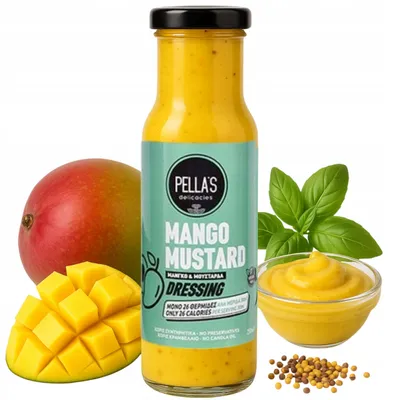 Produktbild von Pella’s Mango-Senf-Dressing 250 ml – Natürliches Dressing aus Griechenland mit fruchtig-würzigem Geschmack