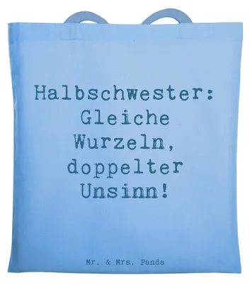 Produktbild von Mr. & Mrs. Panda Tote Bag Spruch Halbschwester Unsinn - Sky Blue - Geschenk, Geschenkideen, Weihnachten, Lächeln, Jutetasche, Laptoptasche, Patchworkfamilie, Familie