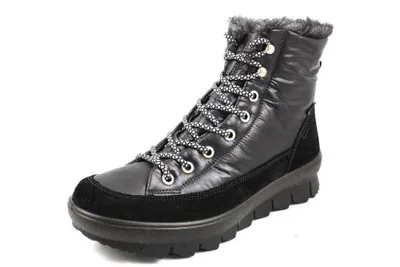 A black winter boot with white and black laces and a white sole, shown against a white background.