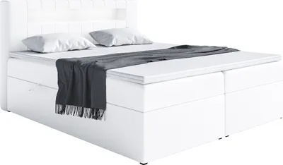 Produktbild von MEBLINI Boxspringbett mit Bettkasten - Bett mit LED Kopfteil - Gepolstert Doppelbett mit Matratze und Topper - Polsterbett mit Stauraum - Stauraumbett - ASPIN - 180x200 - H3/Weiß Kunstleder