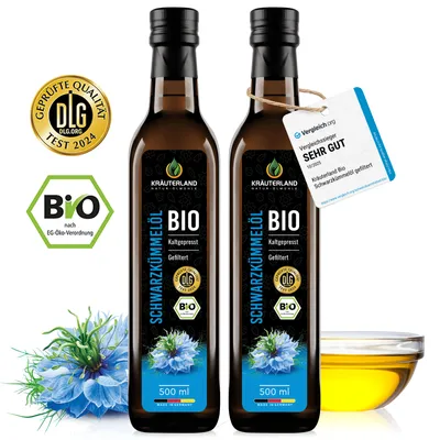 Produktbild von Kräuterland Premium Schwarzkümmelöl 2x 500ml gefiltert, kaltgepresst, Europas größte Ölmühle im Online-Handel, 22 Jahre Erfahrung, mühlenfrisch, vegan