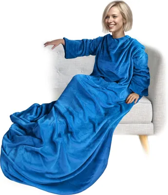 Produktbild von NYVI Ärmeldecke CozyWear Deluxe 170x200 cm Blau - Kuscheldecke mit Ärmeln, 2 Brusttaschen, Fußtasche - Kuschelige TV-Decke für Erwachsene & Kinder - 100, Sofadecke zum Anziehen