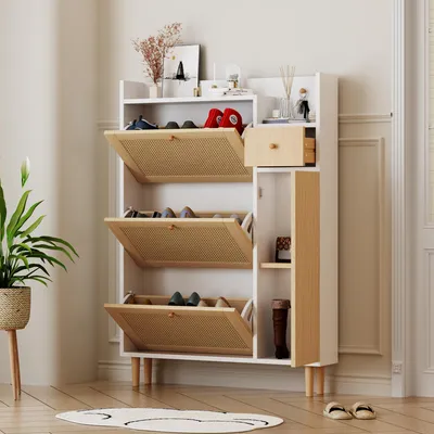 Produktbild von Merax Schuhschrank mit Rattandekor mit 3 Klappen, Tür und Schublade, Sideboard Schuhkipper, 90x125x17cm, Natur
