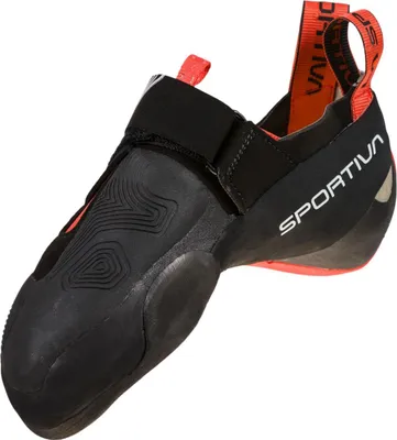 Klett-Kletterschuh "Theory Woman" von La Sportiva; schwarz mit roten Akzenten; für Kletteraktivitäten.