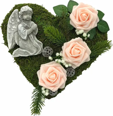 Produktbild von Grabgesteck Grabschmuck Moosherz Grabherz Trauerherz  Gesteck mit Engel 30cm 3 Rosen rosa
