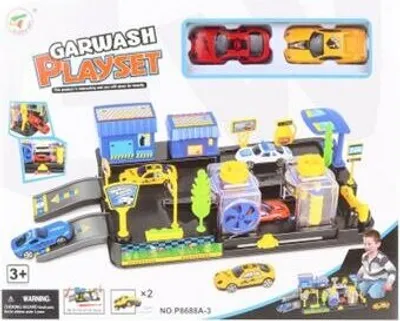 Produktbild von Spielzeug-Waschstraße mit Tankstelle, inkl. 2 Sportwagen, für Kleinwagen, ca. 33 x 26,5 x 6 cm