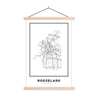 Produktbild von MuchoWow® Textilposter Karte - Roeselare - Belgien - Schwarz und weiß - Stadtplan 120x180 cm mit holzfarbenen Rahmen - Textil-Plakat