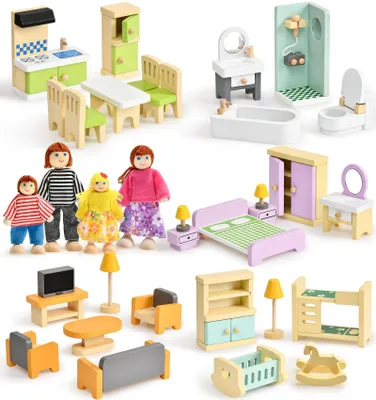 Image de Ensemble de meubles en bois colorés pour maisons de poupées, avec poupées