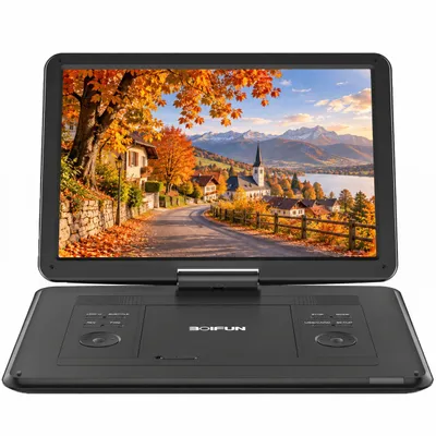 Productafbeelding van BOIFUN Draagbare DVD-speler met 15,6-inch HD roterend scherm, 5000 mAh batterij, tot 6 uur speelduur, USB, SD-kaart, AV-uitgang, zwart