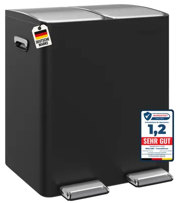 Produktbild von WELLGRO Treteimer 2x15L Schwarz – Edelstahl mit Softclose & Pedal