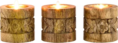 Image de set de 3 bougies à réchaud orientales en bois Luja