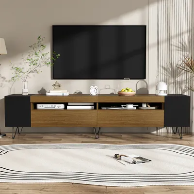 Produktbild von TV-Schrank mit Zwei Türen und mehrere offene Fächer TV-Tisch TV-Ständer TV-Schranktisch Schwarz und Holzoptik 180 L x 36 B x 43 H