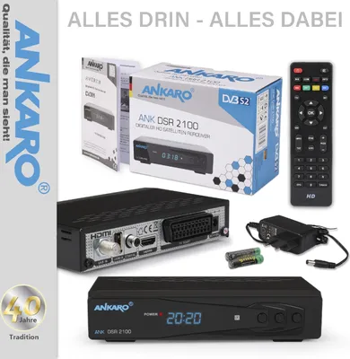 A collage of Ankaro DSR 2100 satellite receiver products and accessories, with marketing text and branding.