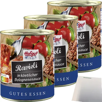 Produktbild von Hofgut Ravioli Bolognese 3er Pack (3x800ml Dose) + usy Block