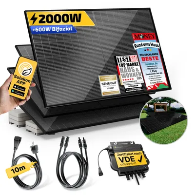 Produktbild von Balkonkraftwerk 2000W/800W Solaranlage mit Garten Halterung Steckerfertig Komplettset Photovoltaik Anlage 800W, Kabellänge: 10m, Solakon - onPower