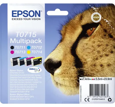 Produktbild von Epson Multipack T0715 Tintenpatrone, 1 x Schwarz, Cyan, Magenta, Gelb, 430 Seiten