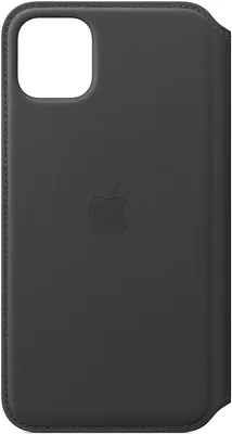 A black leather flip case for an iPhone, with the Apple logo embossed in the center.