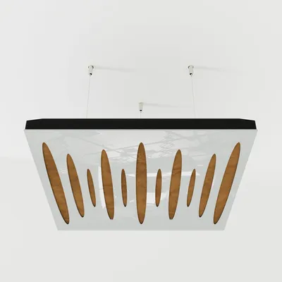 Zdjęcie produktu dla Zestaw 2 sztuk – wiszący panel akustyczny do sufitu z aksamitną okładziną i zestawem montażowym | 50 x 50 x 5 cm | pochłanianie dźwięku | [PULSAR – białe tworzywo sztuczne | złoty]