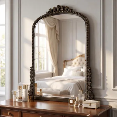 Image de Miroir mural baroque ovale, 81x61 cm, style vintage, finition cuivre/or, verre incurvé HD