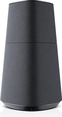 A single, dark gray, conical speaker is shown against a white background.