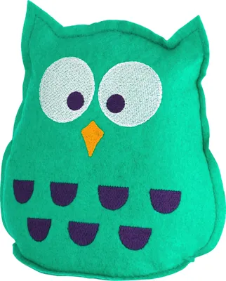 A teal owl-shaped pillow with embroidered eyes, beak, and feather details, set against a white background.