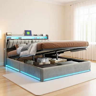 Image de INONEFT Lit rembourré 140x190 cm avec LED et ports USB, Lit box à ressorts hydraulique avec coffre de rangement, Lit double avec rangement, sommier à lattes, en velours, gris
