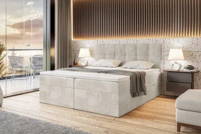 Produktbild von MEBLINI Boxspringbett mit Bettkasten - Gepolstert Doppelbett mit Matratze und Topper - Polsterbett mit Stauraum - Bett mit Kopfteil - Stauraumbett - RACO - 180x200 - H3/Creme Samt