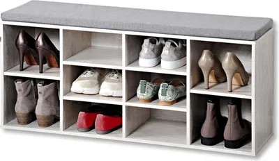 Produktbild von KESPER® Schuhschrank mit Sitzkissen, weiß gekälkt, für 10 Paar Schuhe, 8 Fächer, Kissenbezug waschbar, -zert., B103,5xH48 xT29,5cm, Flurbank