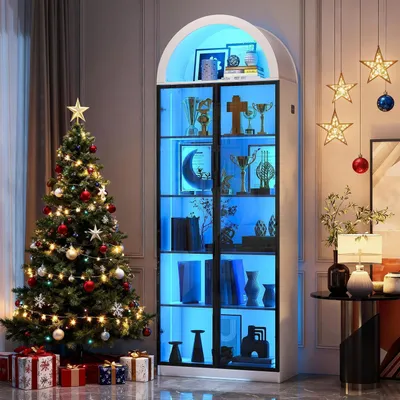 Productafbeelding van Vitrine met deuren en LED-verlichting, 195 cm hoog, wit, gebogen