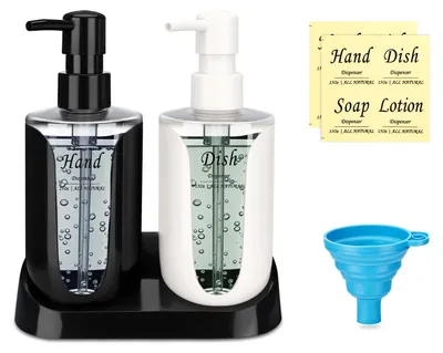 Image de Lot de 2 distributeurs de savon de cuisine, distributeurs de liquide vaisselle, distributeurs de savon noir et blanc à pompe, avec support et entonnoir, distributeurs en verre pour liquide vaisselle et savon pour les mains (450 ml)