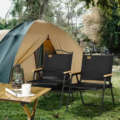 Produktbild von Campingstühle 2er Set klappbar bis 130 kg, Faltstuhl Angelstuhl, Oxfordstoff Stahlrahmen Holzoptik, Schwarz | 54x59x78 cm | 2x 2,7 kg | Tragegriff
