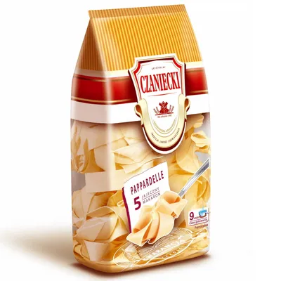 A bag of pappardelle pasta.