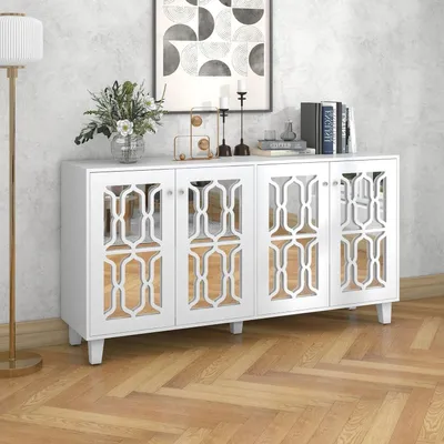 Obrázek produktu pro Moderní minimalistická komoda se 4 dvířky, úložnými skříňkami a zásuvkami, vhodná do jídelny, obývacího pokoje nebo kuchyně, rozměry 160x40x84 cm, bílá barva