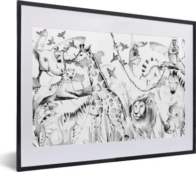 Produktbild von MuchoWow® Gerahmtes Poster Wasserfarben - Tiere - Dschungel - Jungen - Mädchen - Kinder - Kinder 40x30 cm - Poster mit Schwarzem Bilderrahmen Wandposter Rahmen Foto Bilder - Bilderrahmen - Poster im Rahmen