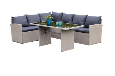 Produktbild von Merxx Eckset "Lanzarote" mit Tisch 145 x 70 cm, Lounge Set inkl. Kissen - Stahlgestell mit Kunststoffgeflecht Grau